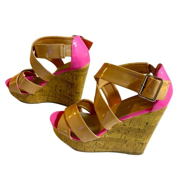Madden Girl Cork Wedge Sandals Patton Leather Tan Strap Hot Pink Women’s 8. - Picture 2 of 7